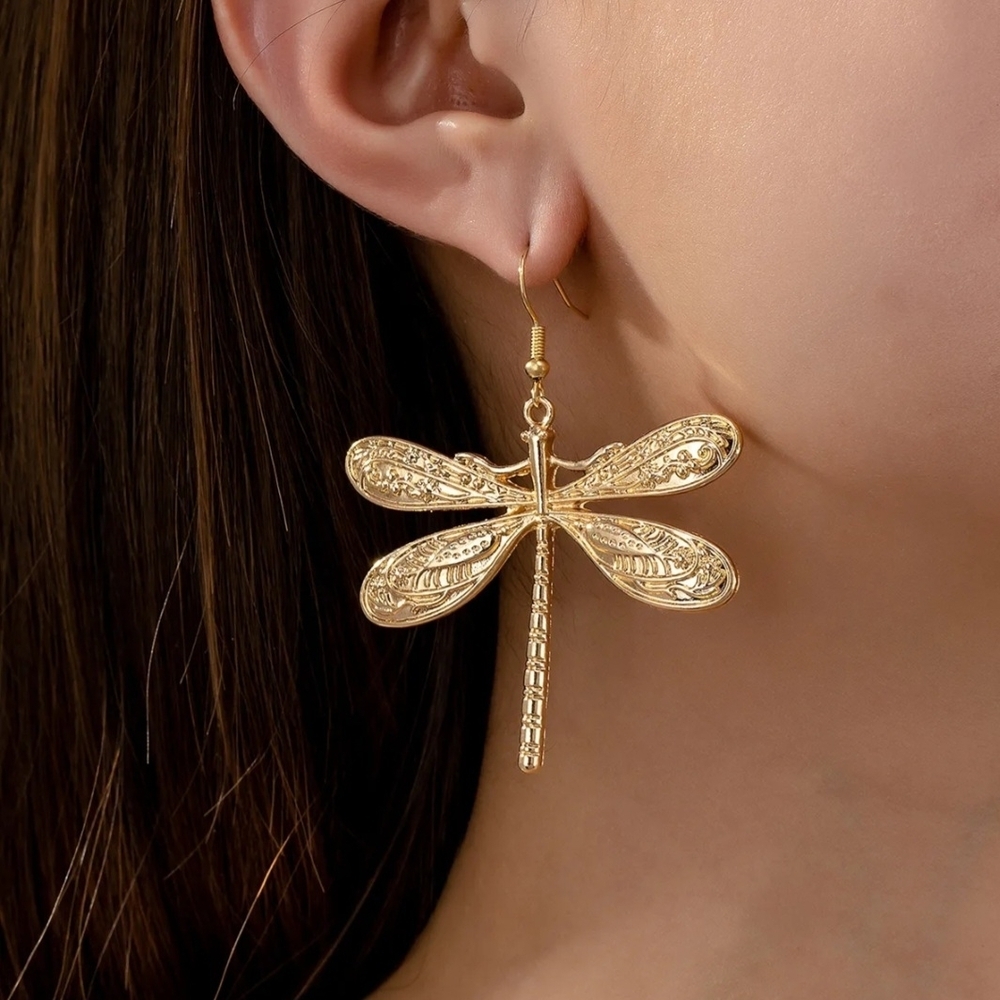 Dragonfly Earrings Gold Tone Zinc Alloy